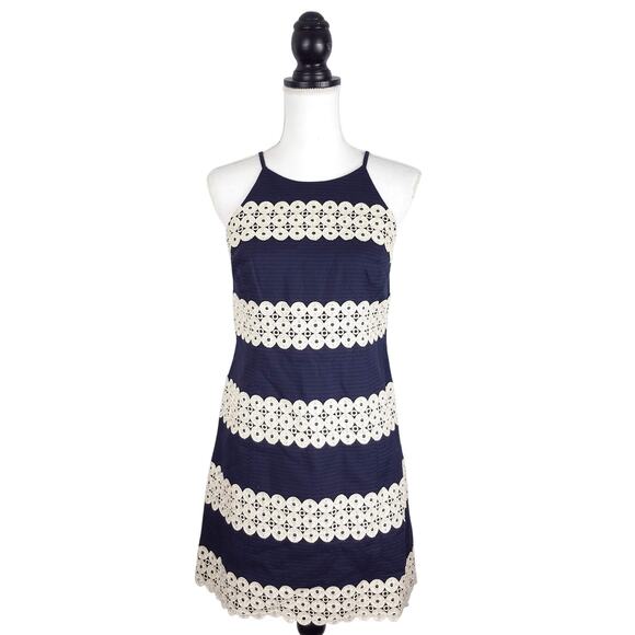 Lilly Pulitzer Annabelle Shift Dress Navy Blue Gold Lace Sleeveless Size 2 - Picture 1 of 6